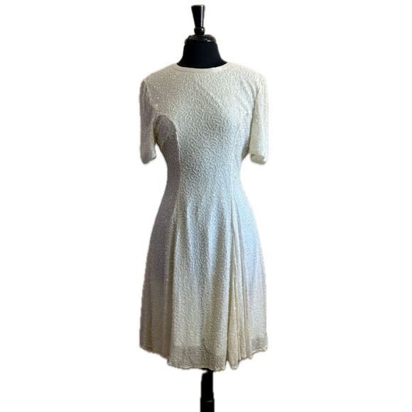 Unbranded Dresses & Skirts - 80s Vintage White Beaded A-Line Cocktail Dress Wedding Large